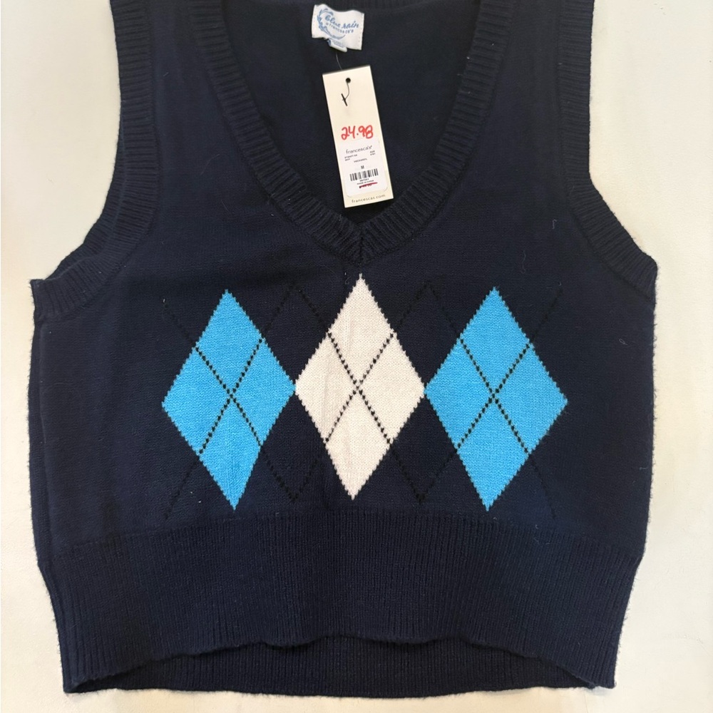 Francesca's Collections Navy and Blue Argyle Sweater Vest